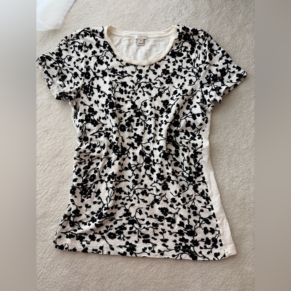 J. Crew Black and White Suede 3D Floral Short Sleeve Tee